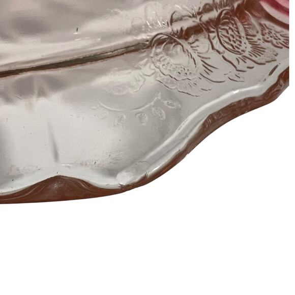 Vintage Pink Depression Glass Handled Bowl Floral Etched Centerpiece - Picture 4 of 16